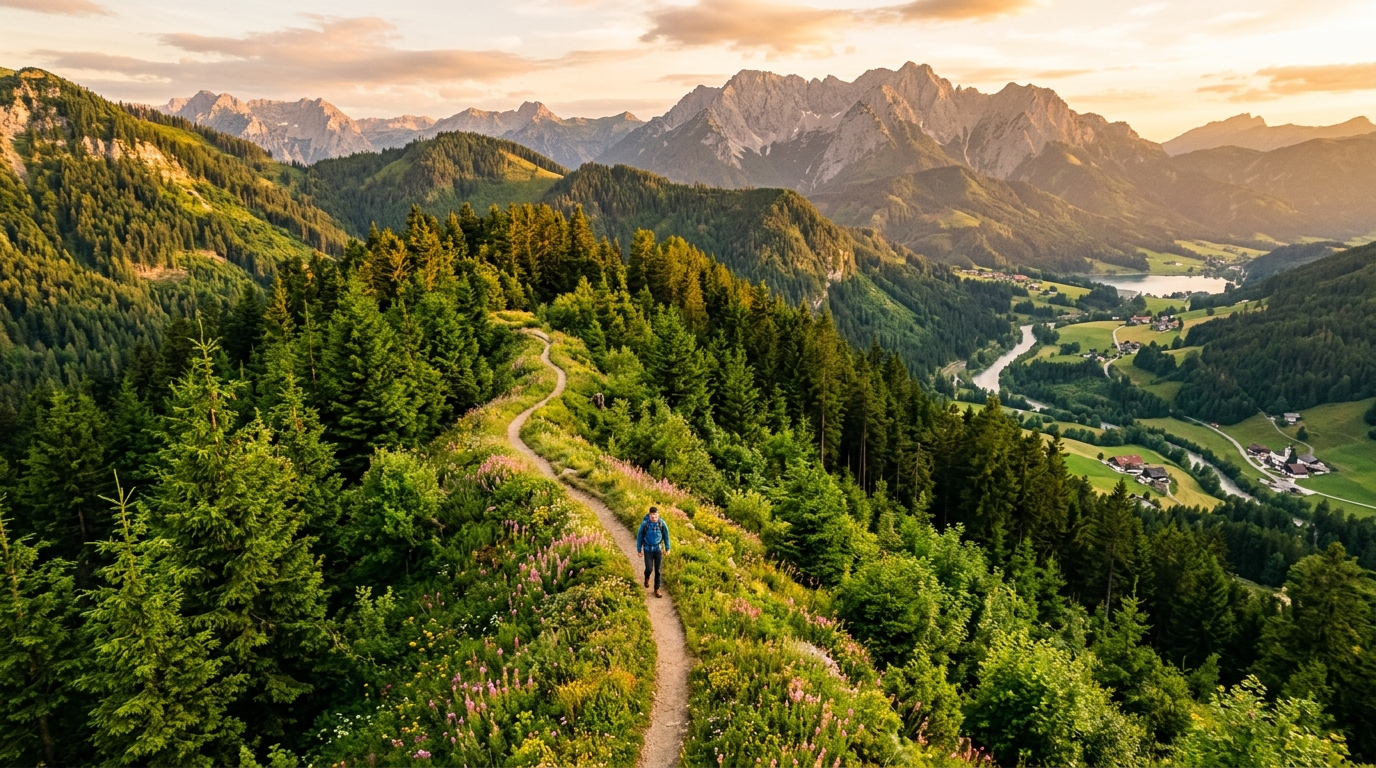 Person auf einem Waldweg in den österreichischen Alpen bei Sonnenuntergang