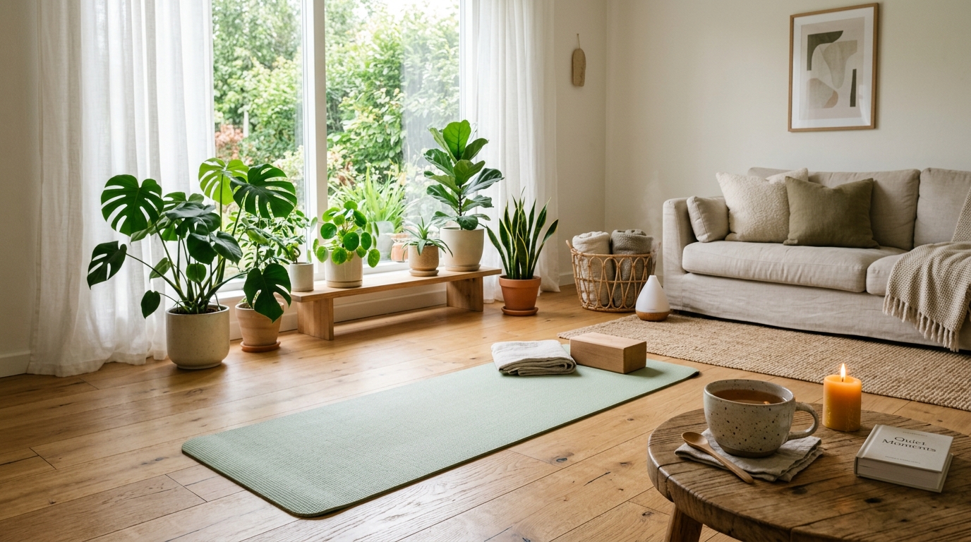 Gemütliches Wohnzimmer mit Yogamatte und Kräutertee in warmem Licht